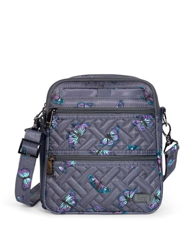 Lug Can Can XL Convertible Crossbody Bag - grey quilted with purple and turquoise butterflies and dark metal zippers, front view