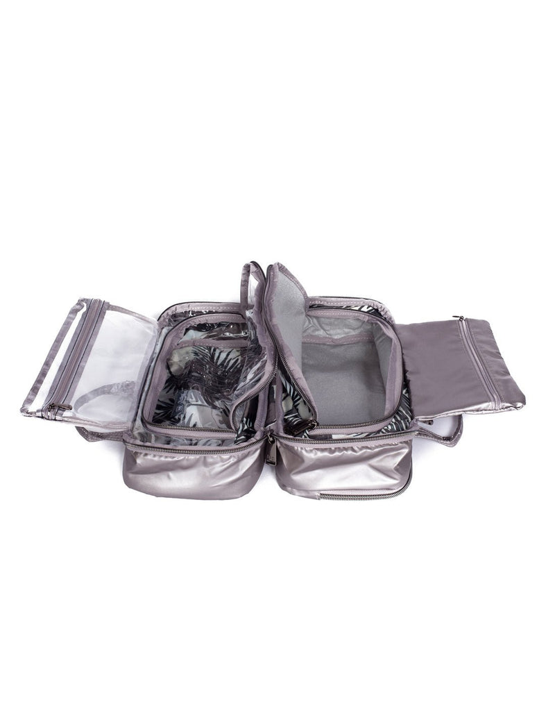Lug Flatbed Slim Cosmetic Case, metallic pearl, inside view with all compartments opened up