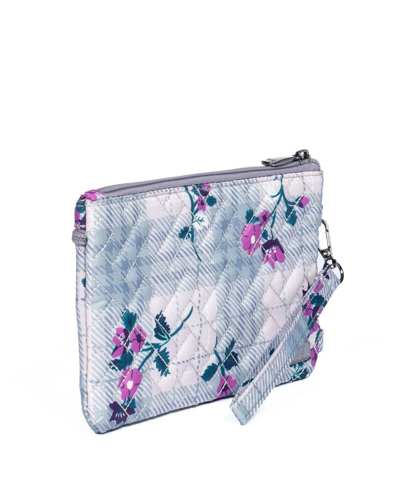 Lug Peekaboo Convertible Wristlet Pouch, white and light grey plaid with pink flowers, front angled view
