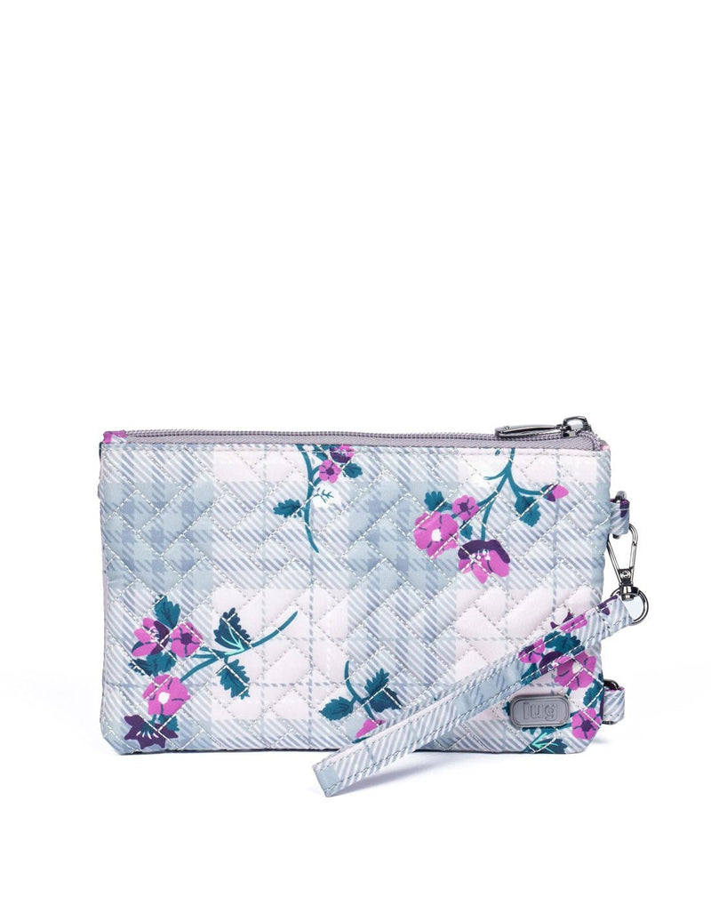 Lug Peekaboo Convertible Wristlet Pouch, white and light grey plaid with pink flowers, front view
