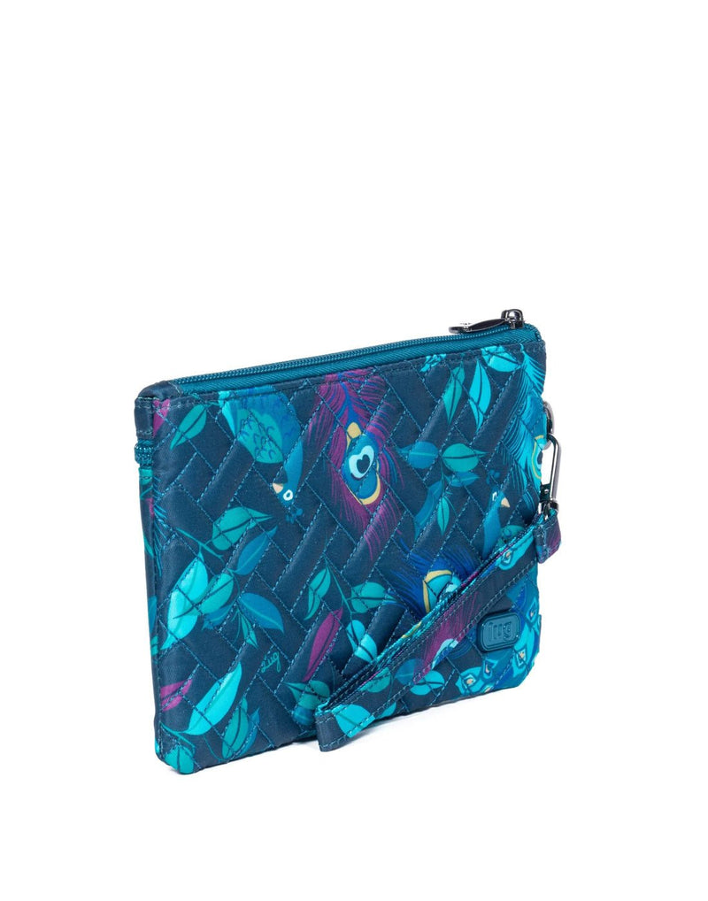 Lug Peekaboo Convertible Wristlet Pouch, blue with turquoise and purple peacock feather design, front angled view
