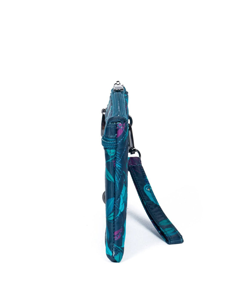 Lug Peekaboo Convertible Wristlet Pouch, blue with turquoise and purple peacock feather design, side view