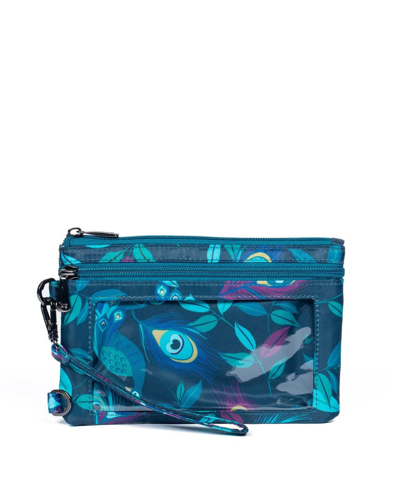 Lug Peekaboo Convertible Wristlet Pouch, blue with turquoise and purple peacock feather design, back view of zippered clear case section