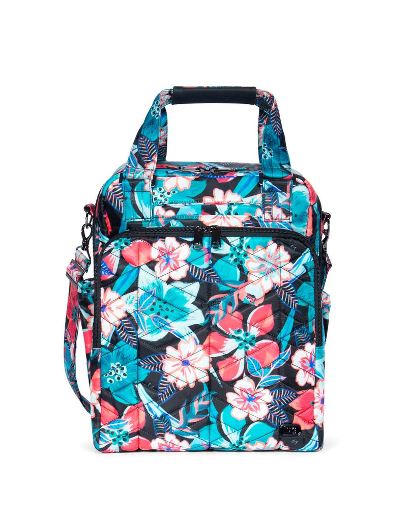Lug Ranger XL Overnight Tote Bag with turquoise and red tropical flowers on a black background, front view