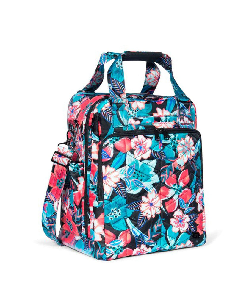 Lug Ranger XL Overnight Tote Bag with turquoise and red tropical flowers on a black background, front angled view