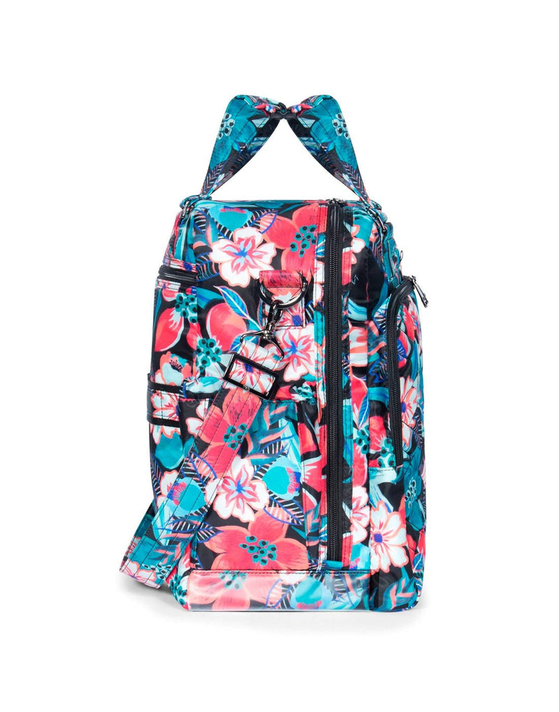 Lug Ranger XL Overnight Tote Bag with turquoise and red tropical flowers on a black background, side view