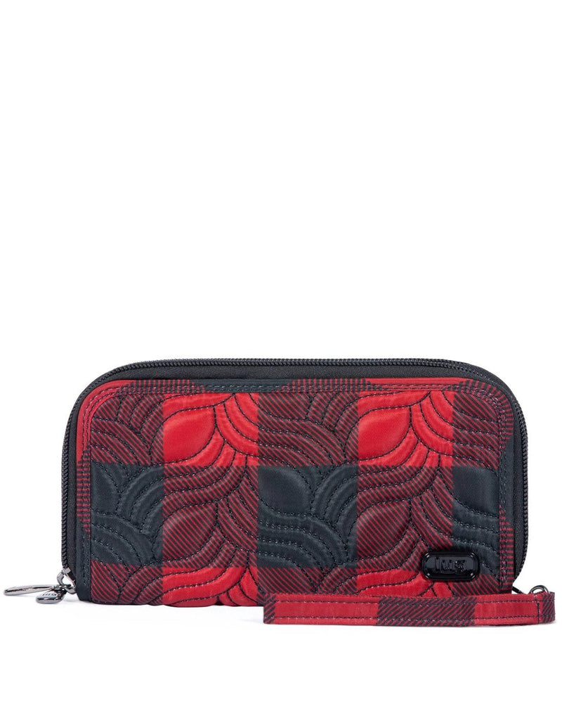 Lug Splits XL Wristlet RFID Wallet in buffalo check red and black quilted, front view