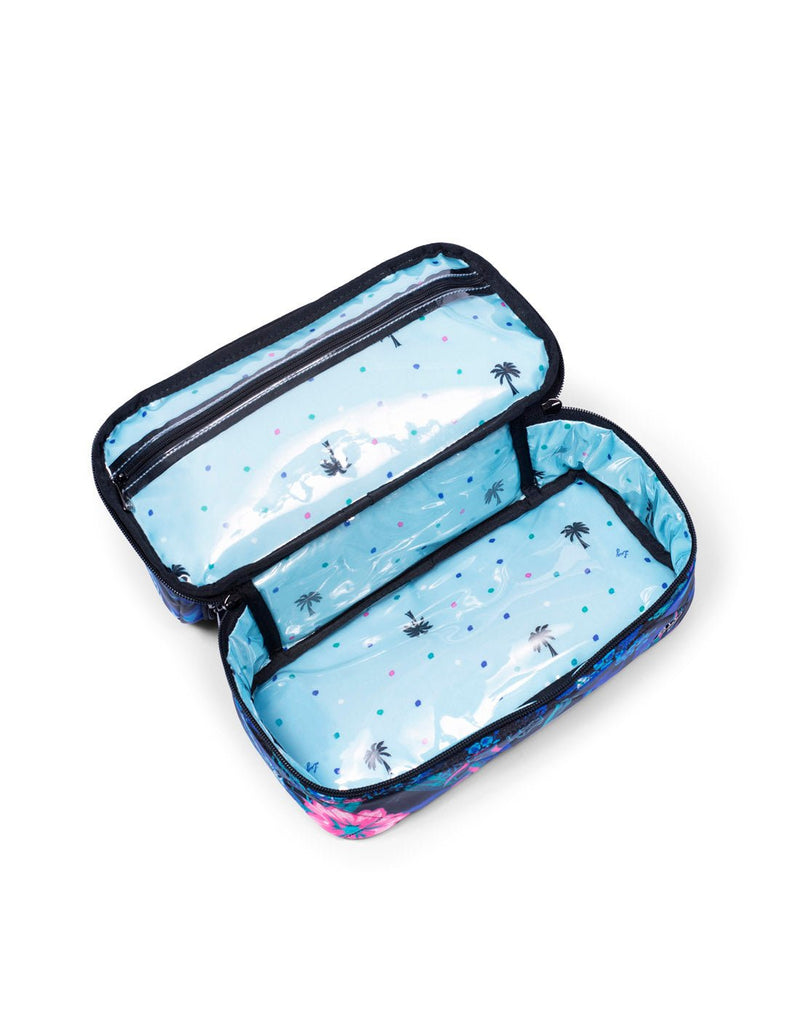 Lug Stowaway Cosmetic Case, resort black with blue, turquoise and pink flowers, inside view of bottom section
