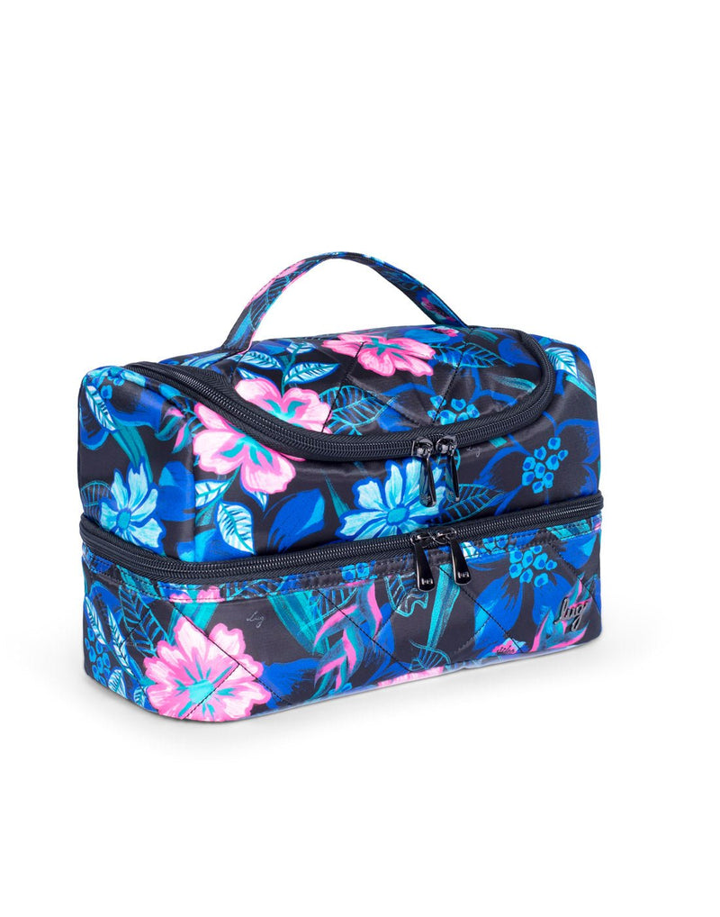 Lug Stowaway Cosmetic Case, resort black with blue, turquoise and pink flowers, front angled view