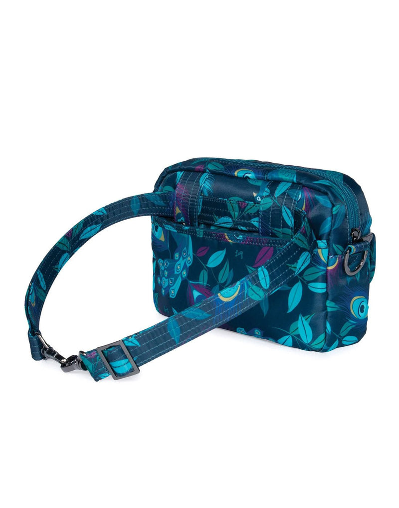 Lug Switch Convertible Crossbody Bag in blue with turquoise green and purple peacocks, back view with strap converted to hip belt