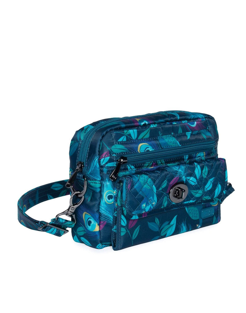 Lug Switch Convertible Crossbody Bag in blue with turquoise green and purple peacocks, front angled view