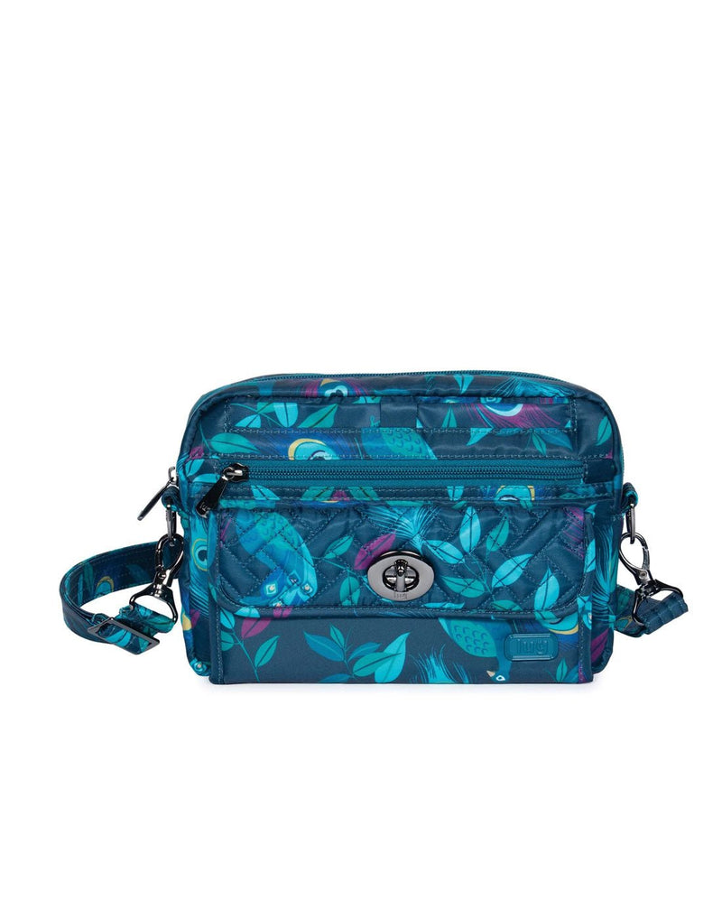 Lug Switch Convertible Crossbody Bag in blue with turquoise green and purple peacocks, front view