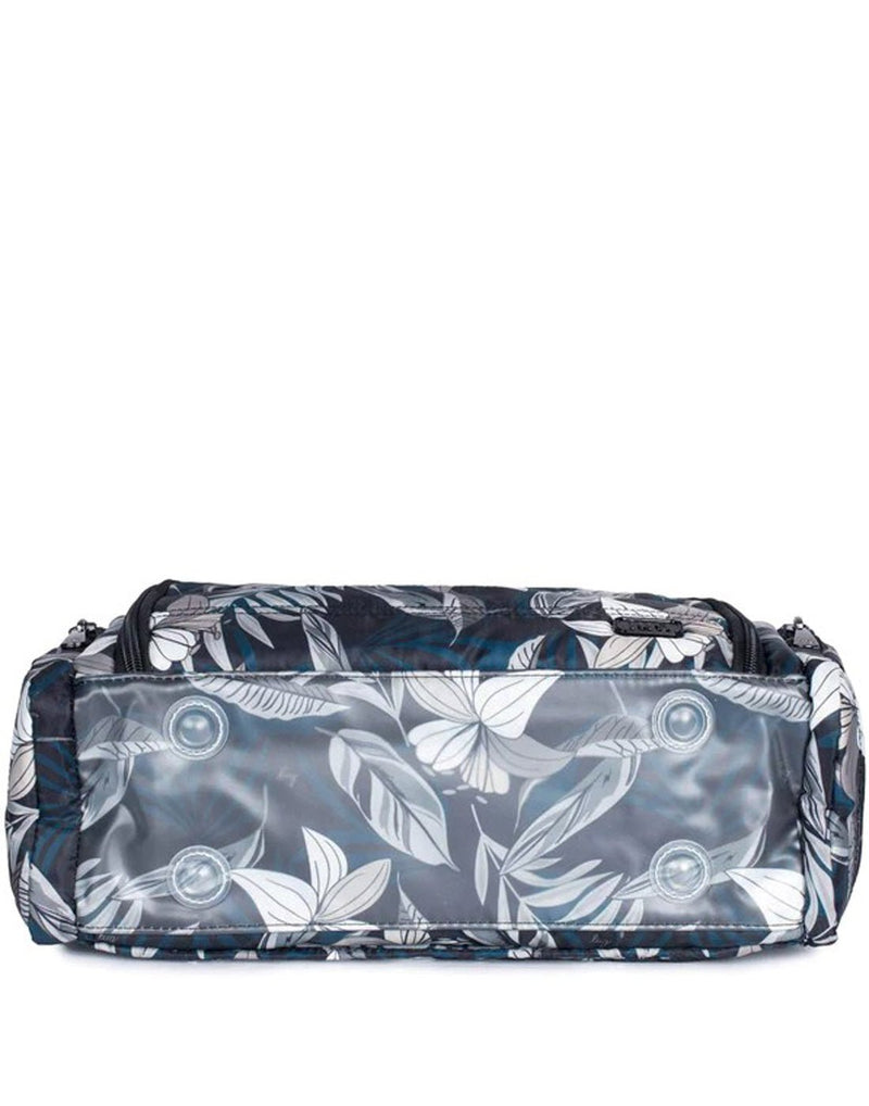 Lug Trolley Cosmetic Case, black with white and teal lily design, bottom view of plastic protection and feet