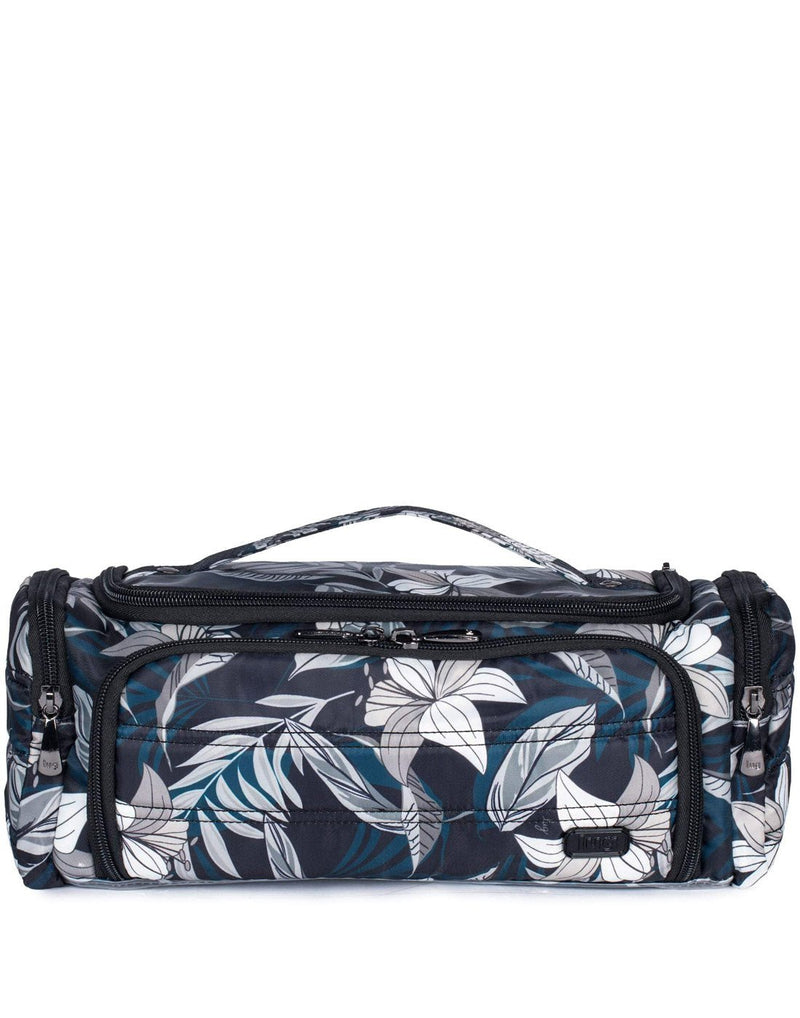 Lug Trolley Cosmetic Case, black with white and teal lily design, front view