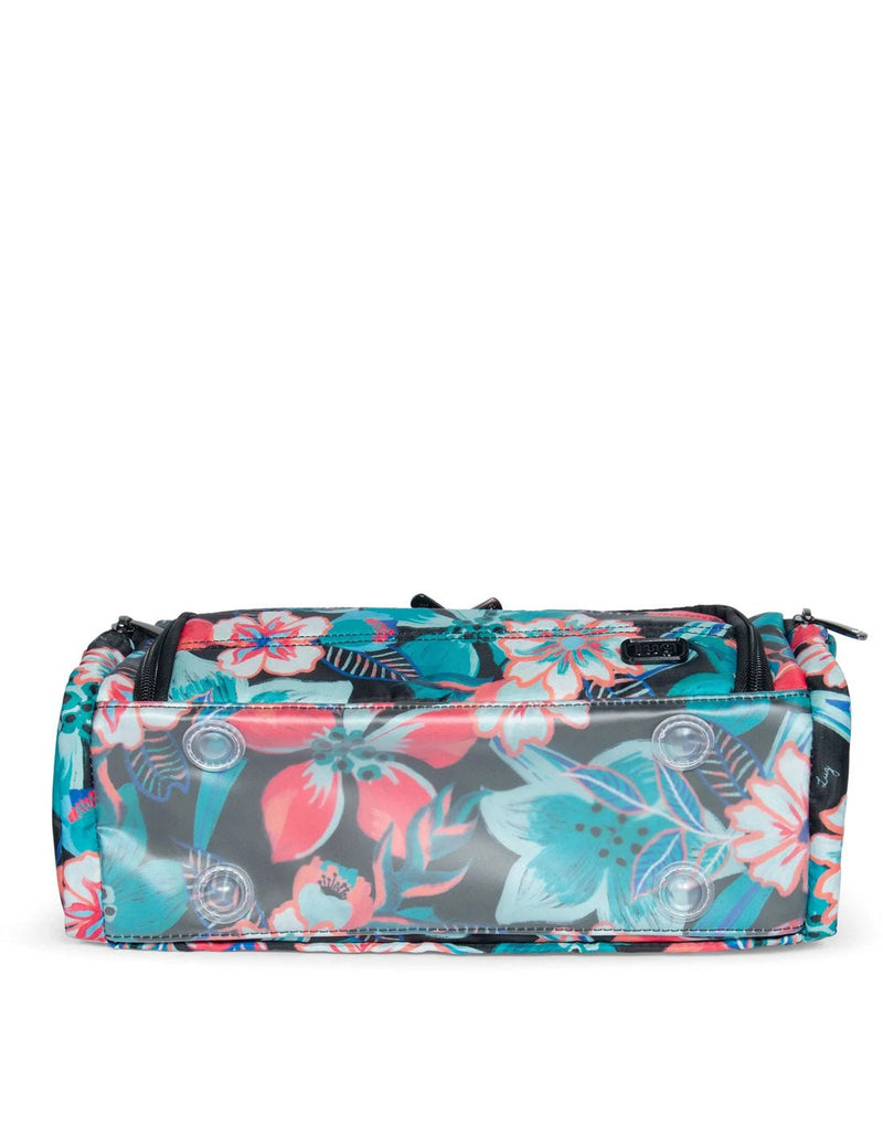 Lug Trolley Cosmetic Case, black with multi-coloured flowers design, bottom view of plastic protection and feet
