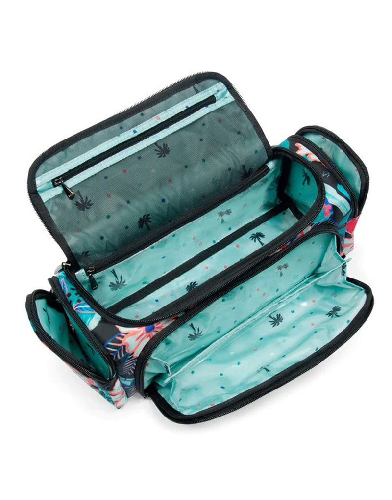 Lug Trolley Cosmetic Case, opened to show turquoise interior with black palm trees