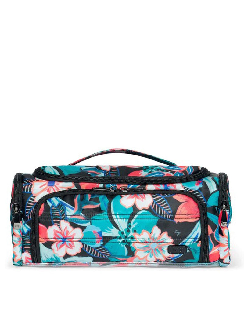 Lug Trolley Cosmetic Case, black with multi-coloured flowers design, front view