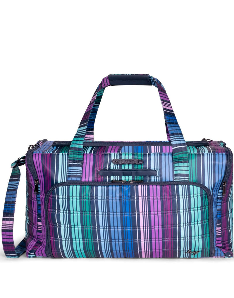 Lug Trolley Duffle Bag with blue, purple, and green shades of vertical lines, front view