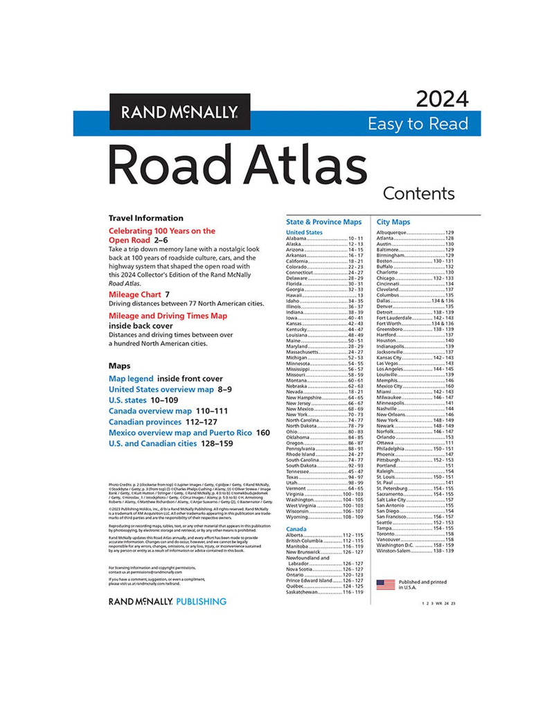 Rand McNally 2024 Midsize Easy to Read Road Atlas - 100th Anniversary Collector's Edition, table of contents