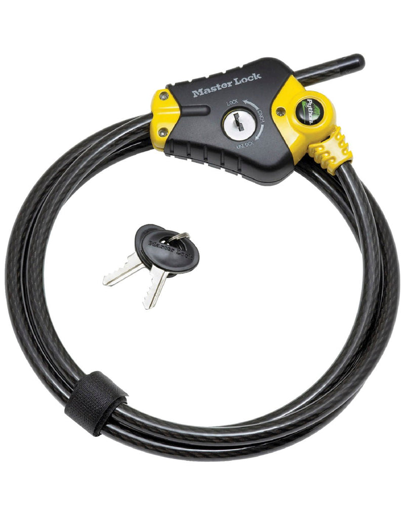 Master Lock® Python™ Adjustable Locking Cables coiled with keys beside