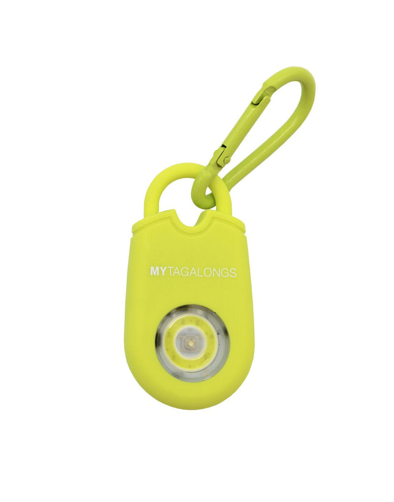 MyTagAlongs Personal Alarm in lime green colour, front view of flashing light and matching carabiner attached to loop on top
