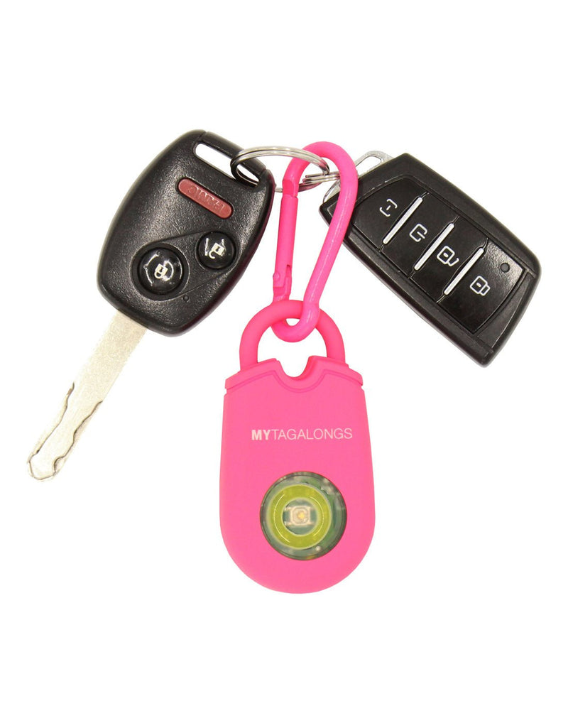 MyTagAlongs Personal Alarm, pink, attached to a set of car keys with the included carabiner clip