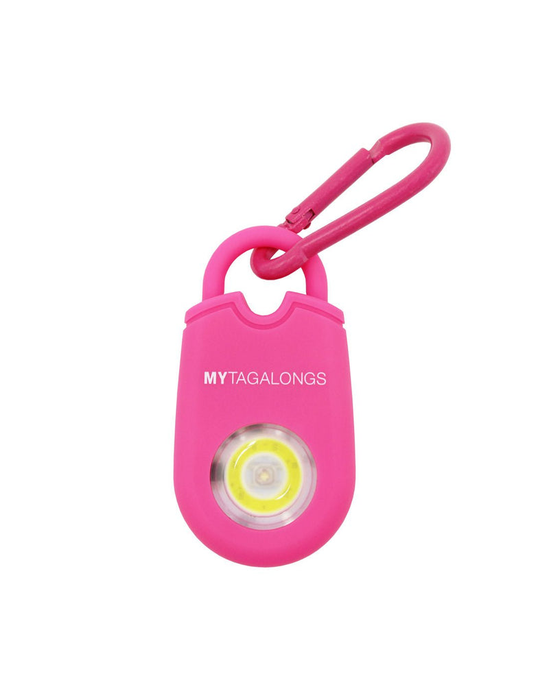 MyTagAlongs Personal Alarm in bright pink, front view of flashing light and matching carabiner attached to loop on top