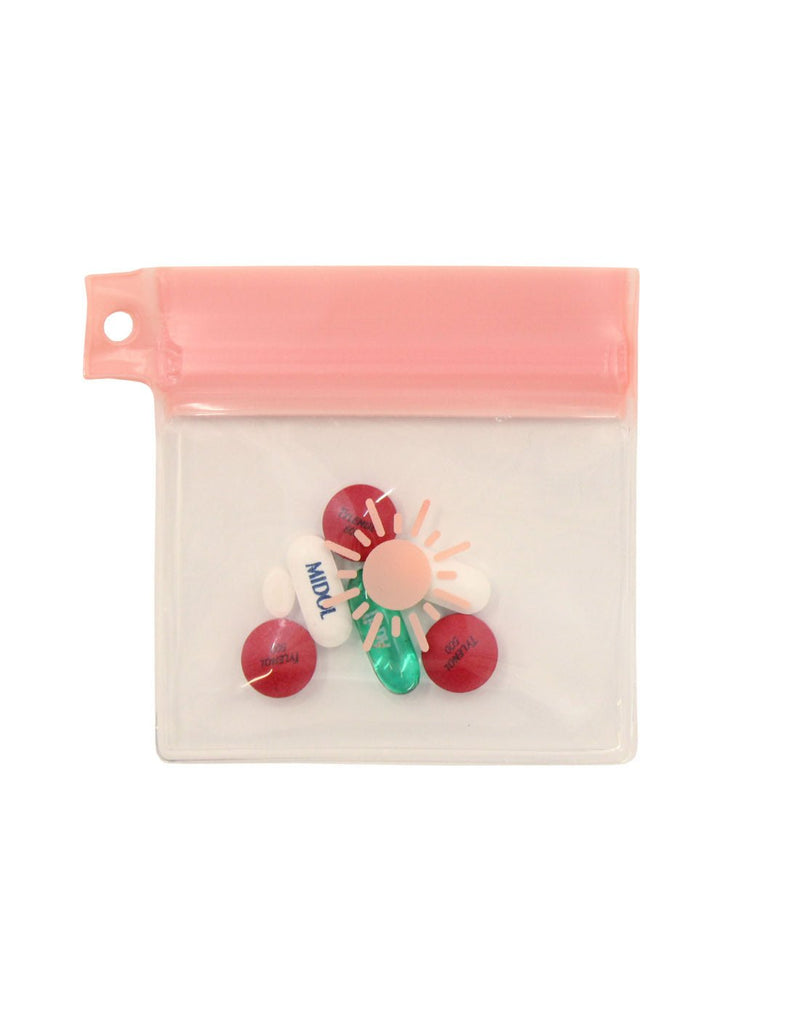 MyTagAlongs Vitamin Pouch Set clear with pink zip close top and hole for carabiner in top left corner 