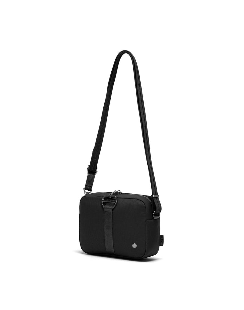 Pacsafe Citysafe® CX ECONYL® Anti-theft Square Crossbody, black, front angled view with strap fully extended