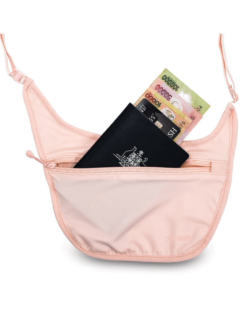 Pacsafe Coversafe® S80 Secret Travel Body Pouch, orchid pink, front view with passport, credit card, and cash sticking out of zippered front pocket
