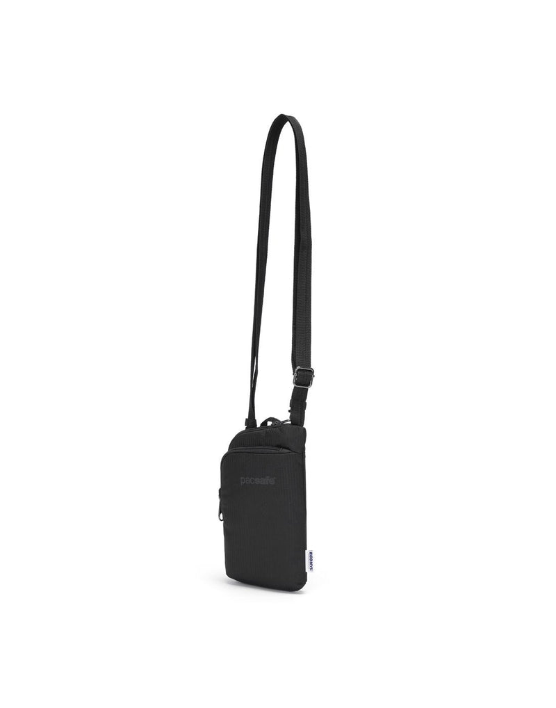 Daysafe econyl black colour recycled crossbody bag front angled view