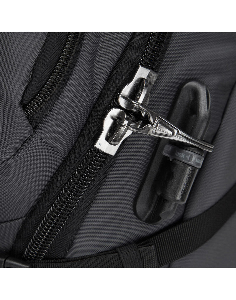 Close up of zipper pulls secured to safety latch on slate bag