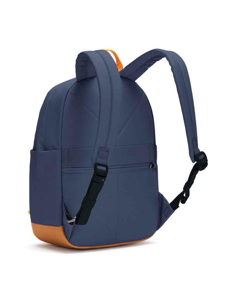 Pacsafe® Go 15L Anti-theft Backpack, coastal blue colour with tan bottom gusset, back left side view.