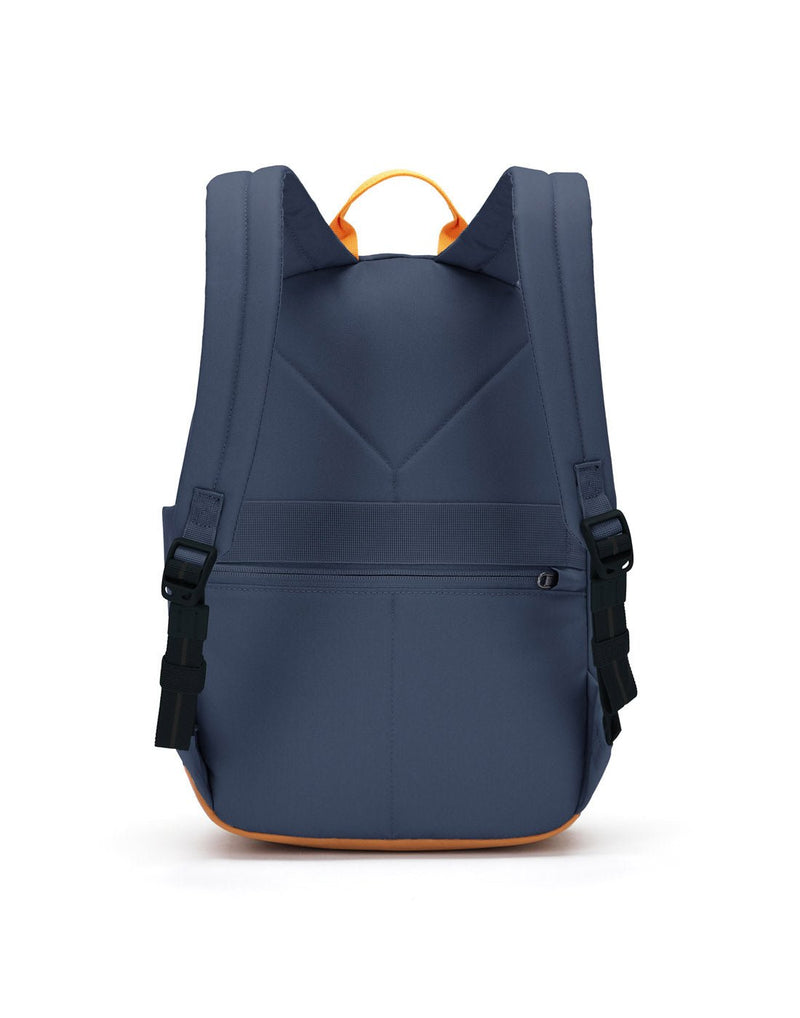 Pacsafe® Go 15L Anti-theft Backpack, coastal blue colour with tan bottom gusset, back view.