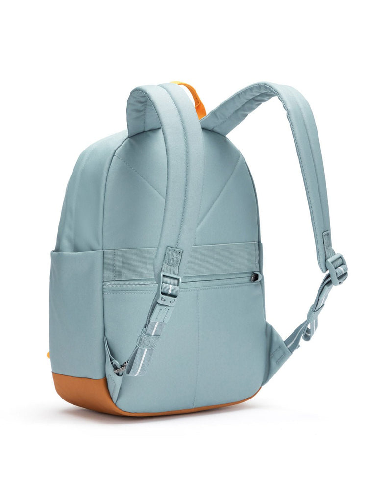 Pacsafe® Go 15L Anti-theft Backpack, fresh mint colour with tan bottom gusset, back left angled view.
