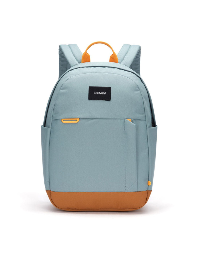 Pacsafe® Go 15L Anti-theft Backpack, fresh mint colour with tan bottom gusset, front view.