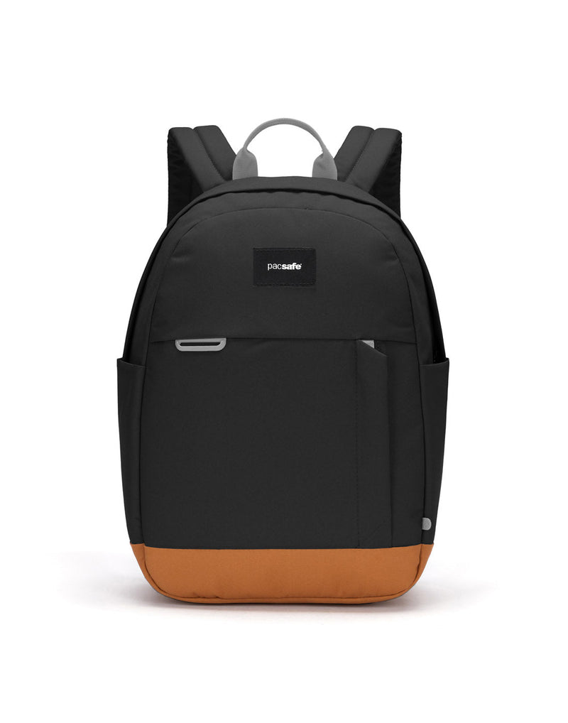 Pacsafe® Go 15L Anti-theft Backpack, jet black with tan bottom gusset, front view.