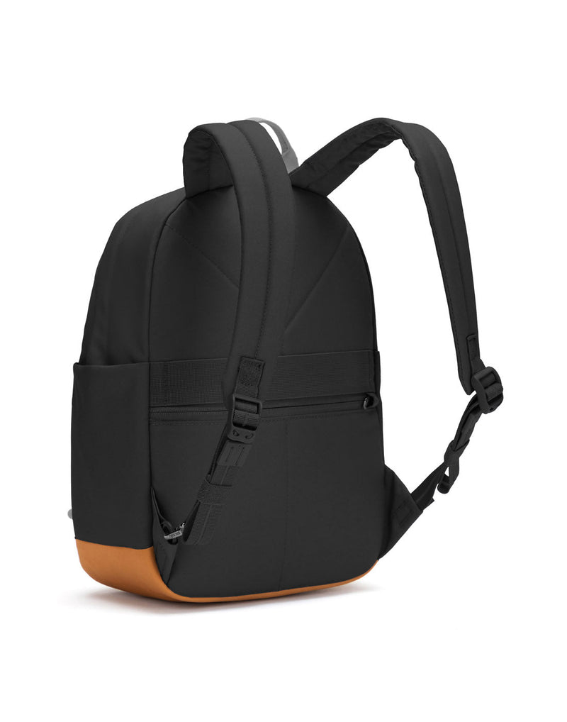Pacsafe® Go 15L Anti-theft Backpack, jet black with tan bottom gusset, back left angled view.