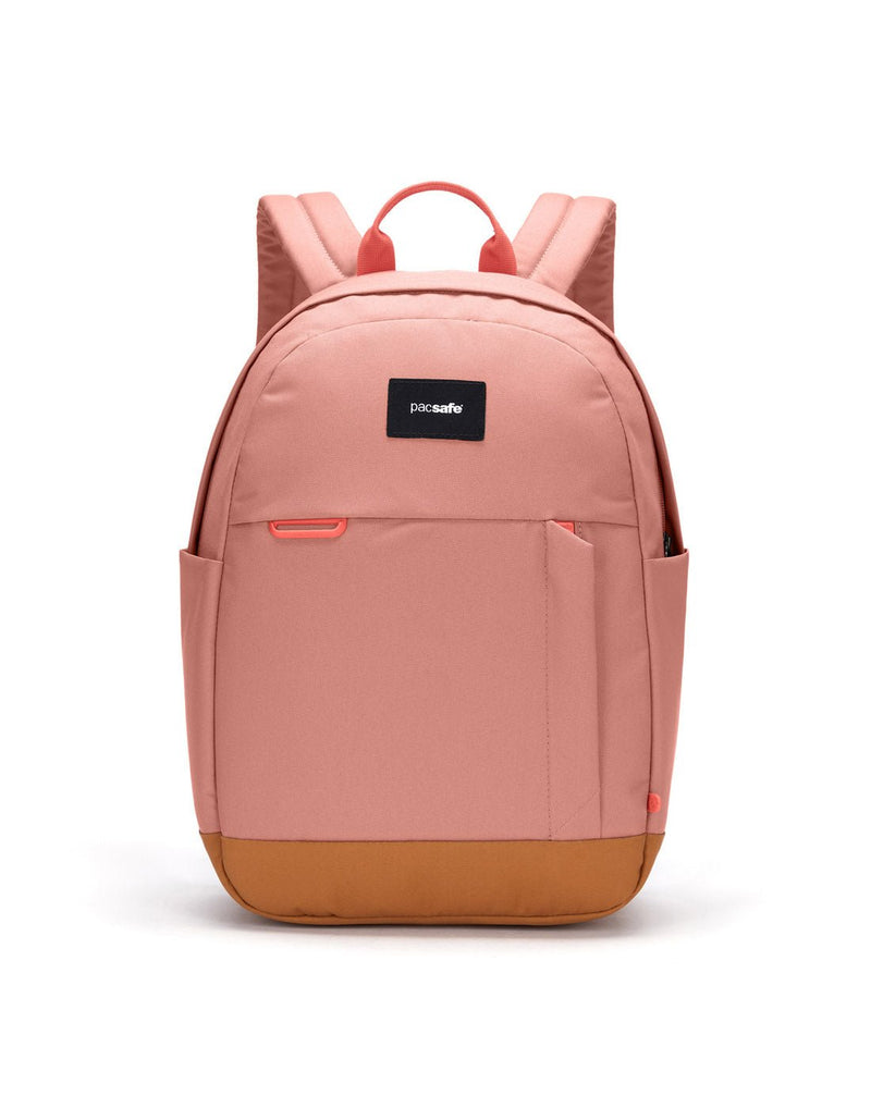 Pacsafe® Go 15L Anti-theft Backpack, rose colour with tan bottom gusset, front view.