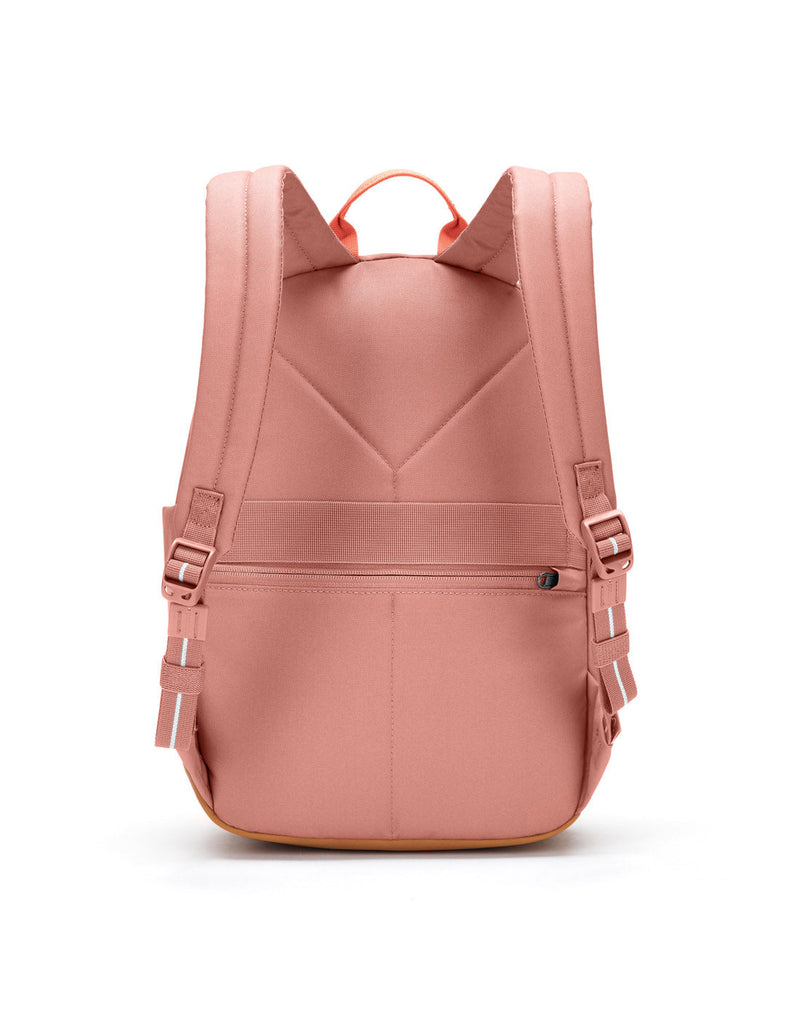 Pacsafe® Go 15L Anti-theft Backpack, rose colour with tan bottom gusset, back view.