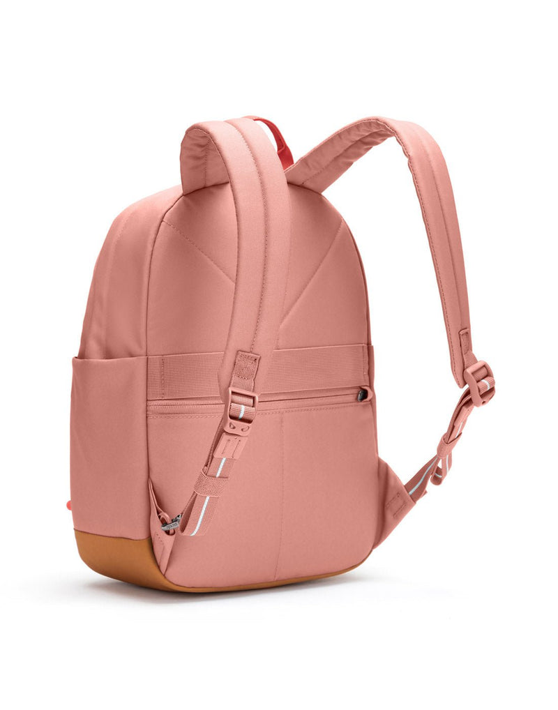 Pacsafe® Go 15L Anti-theft Backpack, rose colour with tan bottom gusset, back left angled view.