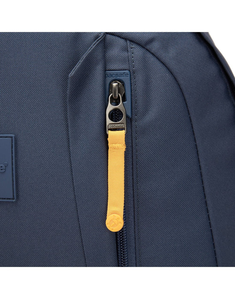 Close up of yellow front zipper pull