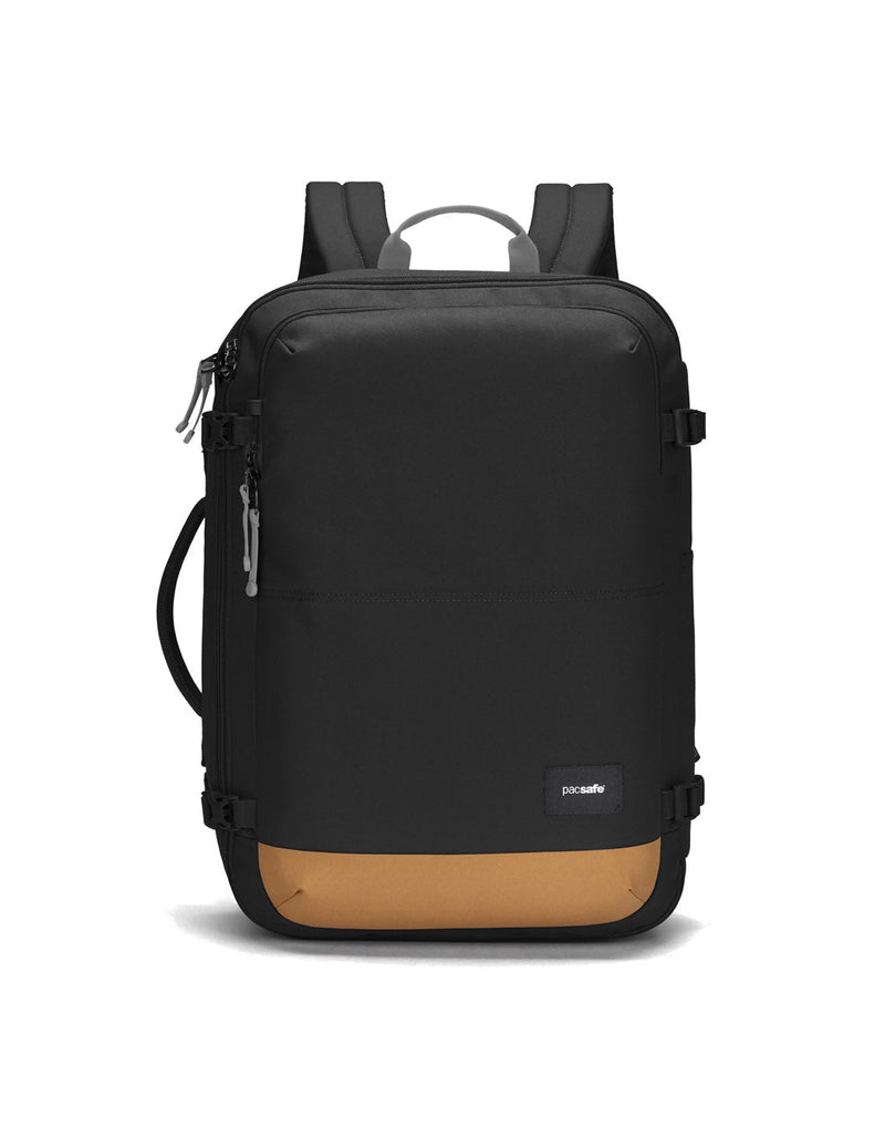 Pacsafe® Go 34L Anti-theft Carry-on Backpack, jet black with tan bottom gusset, front view.