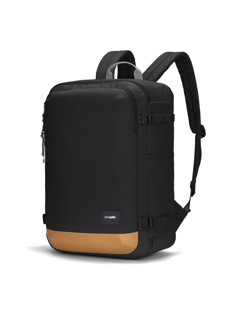 Pacsafe® Go 34L Anti-theft Carry-on Backpack, jet black with tan bottom gusset, front right angled view.