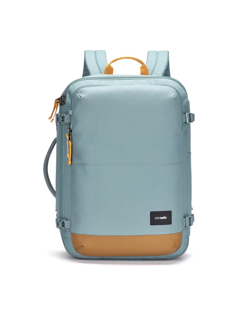 Pacsafe® Go 34L Anti-theft Carry-on Backpack, fresh mint colour with tan bottom gusset, front view.