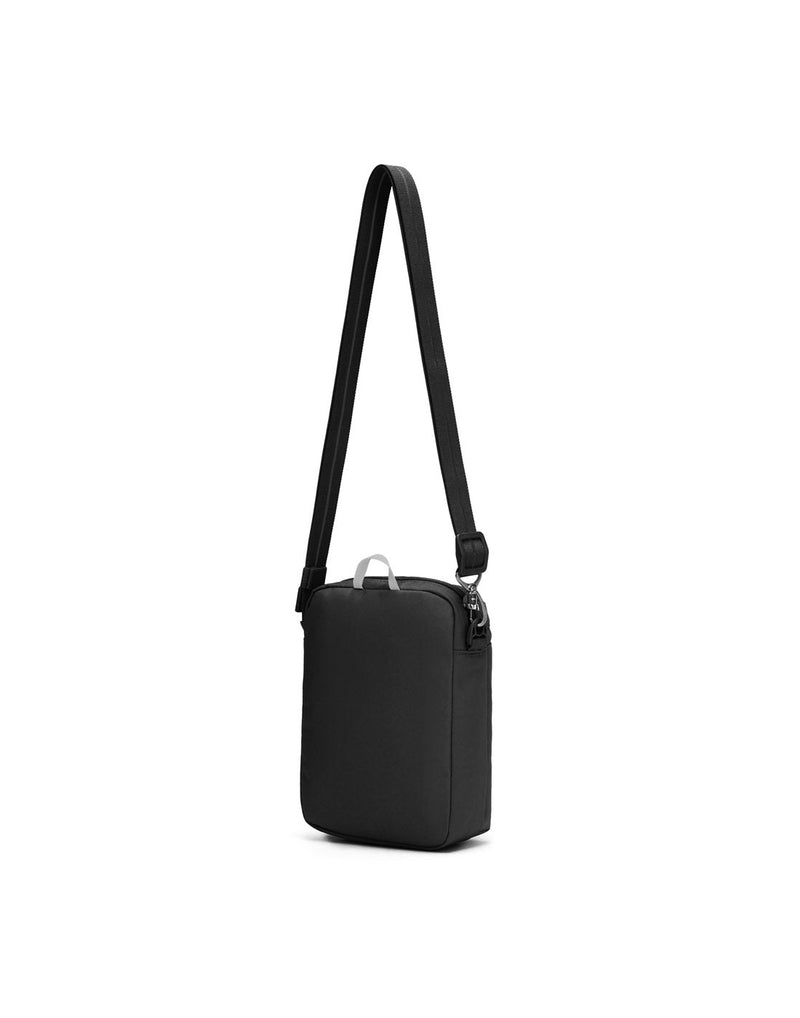 Pacsafe® GO Anti-Theft Festival Crossbody in jet black colour back view with cut-resistant strap extended.