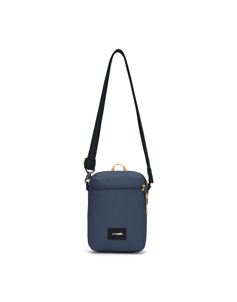 Pacsafe® GO Anti-Theft Festival Crossbody in coastal blue colour, front view with cut-resistant shoulder strap fully extended.