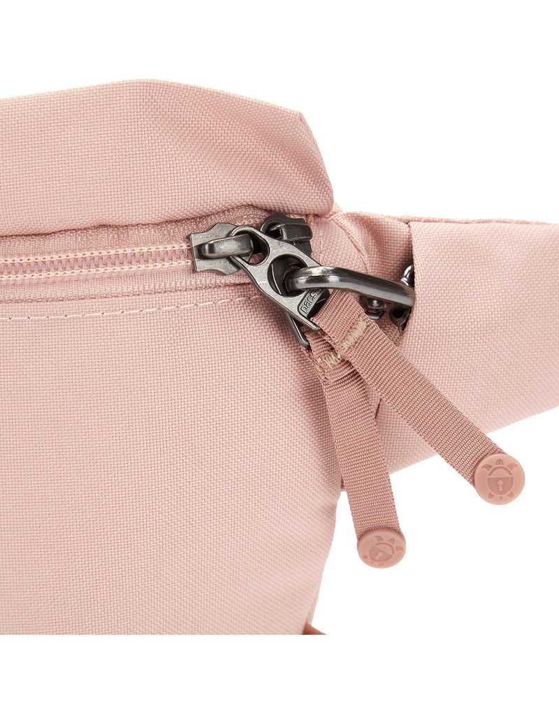 Close up of clip secured zipper pulls