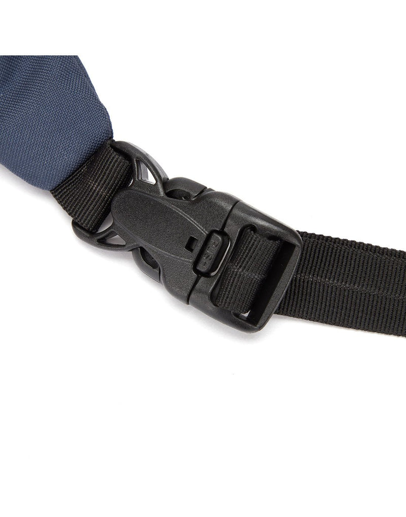 Close up of secured waist strap clip