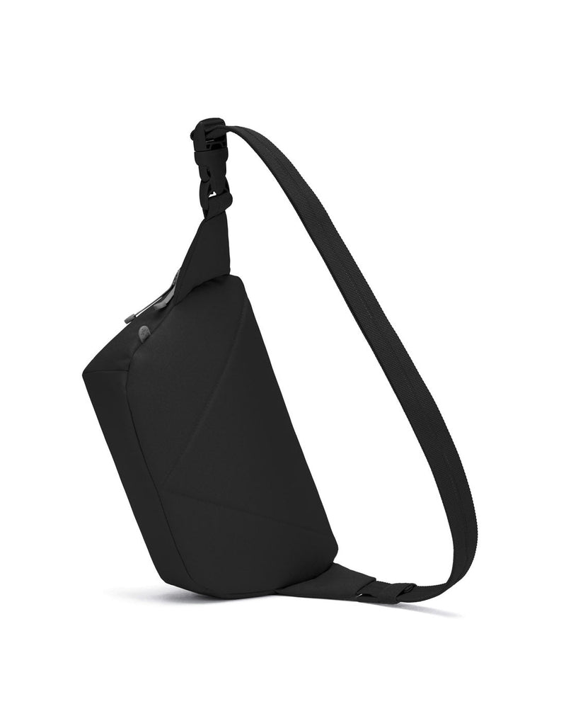 Pacsafe® GO Anti-Theft Sling Pack in jet black colour back view showing the Carrysafe® slashguard strap.